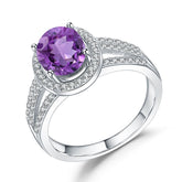 Natural Amethyst Court Style Oval Soleste Halo Modern Split Shank Silver Ring for Women