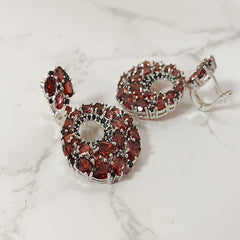 Natural Garnet Circle Silver Drop Earrings for Women