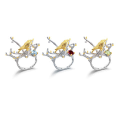 Creative Branches and Bird Natural Gemstone Silver Ring
