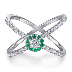 Green Zircon X-shape Exaggerated Silver Ring for Women