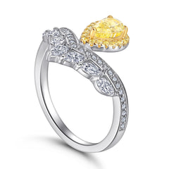 Pear Drop Yellow Zircon with Soleste Halo V-shape Silver Ring