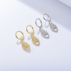 Zircon Fishbone Silver Drop Earrings for Women