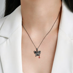 Halloween Butterfly Skull Skeleton with Pear Shape Red Zircon Silver Necklace