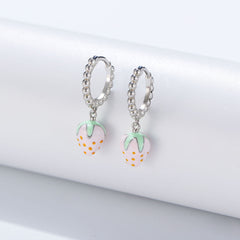 Enamel Pink Strawberry Silver Drop Earrings for Women