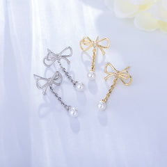 Bowknot Tassel Pearl Silver Drop Earrings for Women
