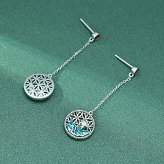 Enamel Hollow Flower Circle with Red Zircon Silver Drop Earrings