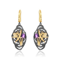 Italian Retro 925 Silver Natural Amethyst Drop Earrings for Women