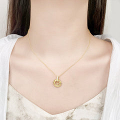 Two-sided Enamel with Red Zircon Hollow Circle Pendant Silver Necklace for Women