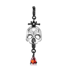 Halloween Skull Cross Sword Red Zircon Silver Necklace