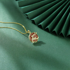 (Pendant Only) Circle Red Agate with Zircon Deer Silver Pendant for Women