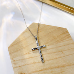 Decorative Pattern Cross Pendant Silver Necklace for Women