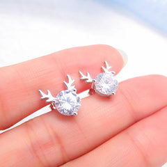 Round Zircon Antlers Silver Stud Earrings