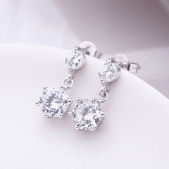 Double Round Zircon Six Prongs Silver Studs Earrings for Women