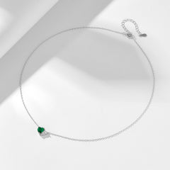 Emerald Green Heart Shape Zircon and Water Drop Zircon Silver Necklace