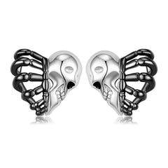 Halloween Skull Face and Rib Skeleton Silver Stud Earrings