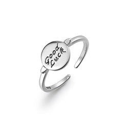 GOOD LUCK Letter Round Disc Opening Sterling Silver Ring