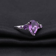 European Luxury Fashion Design Inlaid Natural Amethyst Pear Drop Silver Ring for Women