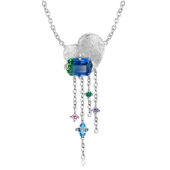 Heart Shape Pendant Rectangle Zircon Tassels Silver Necklace