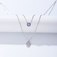 Devil's Eye Hamsa Palm with Zircon Double Silver Necklace for Women