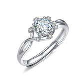 Four Prongs Round Zircon with Six Flower Split Shank Silver Ring for Women