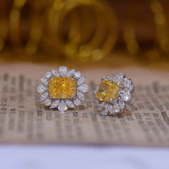 Petals Halo Rectangle Yellow Zircon Stud Earrings