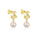 Olive Branch with Natural Pearl Silver Drop Earrings for Women