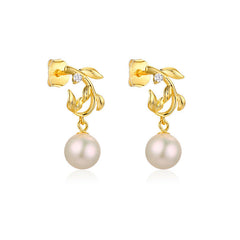 Olive Branch with Natural Pearl Silver Drop Earrings for Women