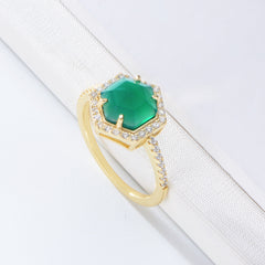 Natural Green Agate Hexagon Soleste Halo Sterling Silver Ring for Women