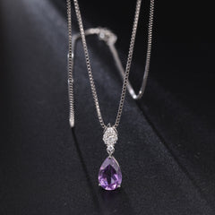 French Romantic Style Inlaid Natural Colourful Gemstones Three Prongs Pear Drop Pendant Silver Necklace for Women