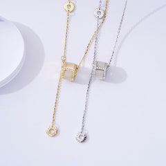 Mother of Pearl Circle Ring Zircon Tassel Silver Necklace