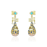 Deer Pipa with Turquoise and Zircon Silver Drop Earrings for Women
