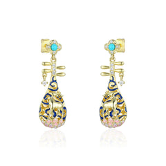 Deer Pipa with Turquoise and Zircon Silver Drop Earrings for Women