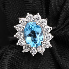 European Natural Topaz Luxury Oval Sun Shape Silver Ring