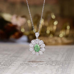 Flower Halo Oval Cut Green Zircon Silver Necklace