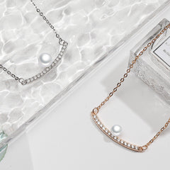 Single Row Zircon with Pearl Pendant Silver Necklace for Women