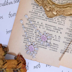 Pink Zircon 7*9mm Rectangle Ice Cut with Chain Annular Petals Silver Drop Earrings for Women