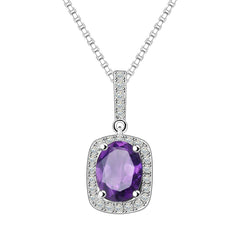 Europen Natural Amethyst Soleste Halo Pendant Sterling Silver Necklace for Women