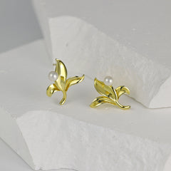 Iris Flower with Freshwater Pearl Silver Studs Earrings for Women