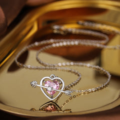 Pink Zircon Cupid Arrow Heart Pendant Silver Necklace for Women