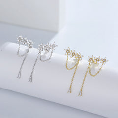 Zircon Flower with Pearl Tassel Silver Drop Earrings for Women