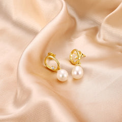 Irregular Hollow Oval with Freshwater Pearl Silver Drop Earrings for Women
