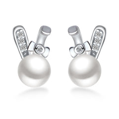 Freshwater Pearl Cute Rabbit with Zircon Silver Stud Earrings for Women