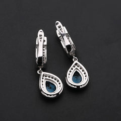 European Topaz Soleste Halo Pear Drop Silver Drop Earrings for Women