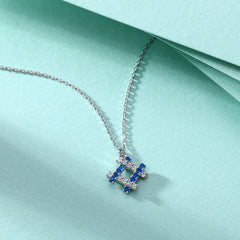 Quadrilateral Square with Blue Zircon Pendant Silver Necklace for Women