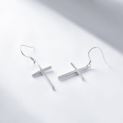 Polished Cross Pendant Silver Drop Earrings for Women