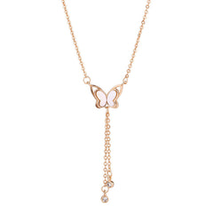 Elegant Mother of Pearl Butterfly Tassel Silver Necklace for Women