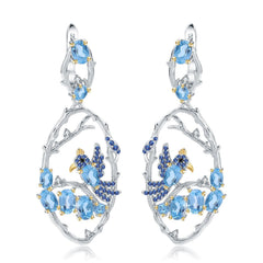 Birds Design Chinese Style 925 Silver Natural Gemstone Drop Earrings for Women