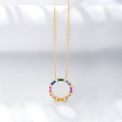 Colourful Rectangle Zircon Ring Pendant Silver Necklace for Women