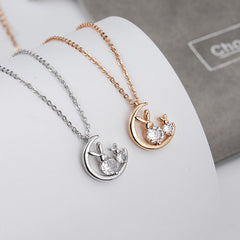 Moon Bunny with Round Zircon Pendant Silver Necklace for Women