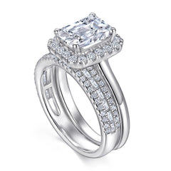 Emerald Cut Zircon Soleste Halo Silver Ring Set for Women
